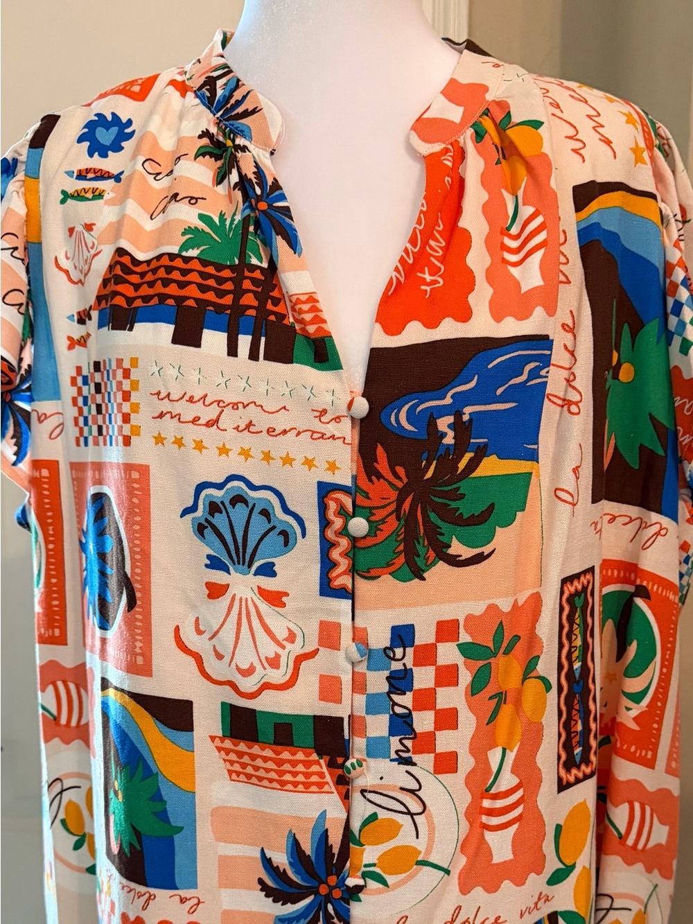 Sugarlips Cream Multicolor Mediterranean Patchwork Button-Down Top